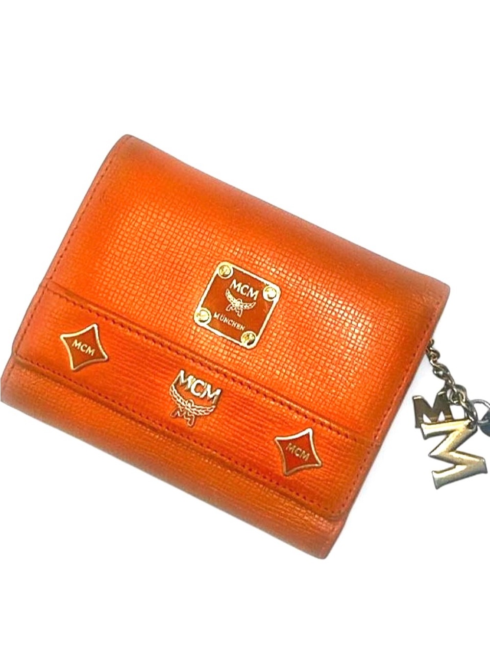 MCM Orange Saffiano Leather Trifold Wallet Logo Charm